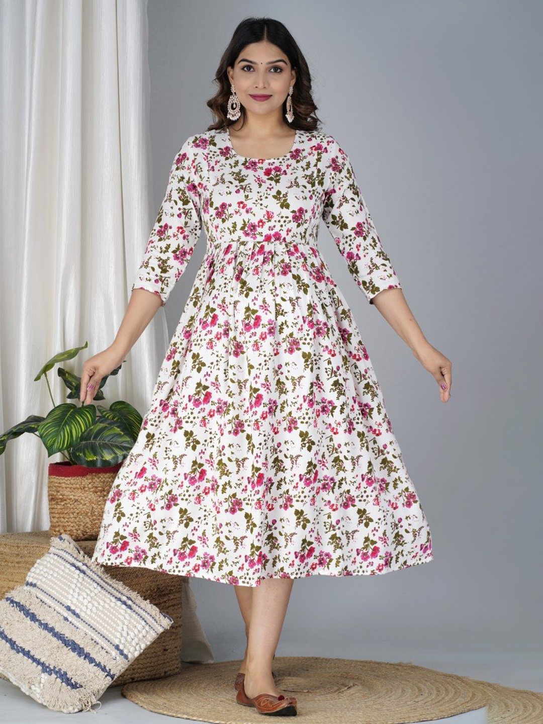 

TANISHA Floral Printed Maternity A-Line Midi Ethnic Dresses, White
