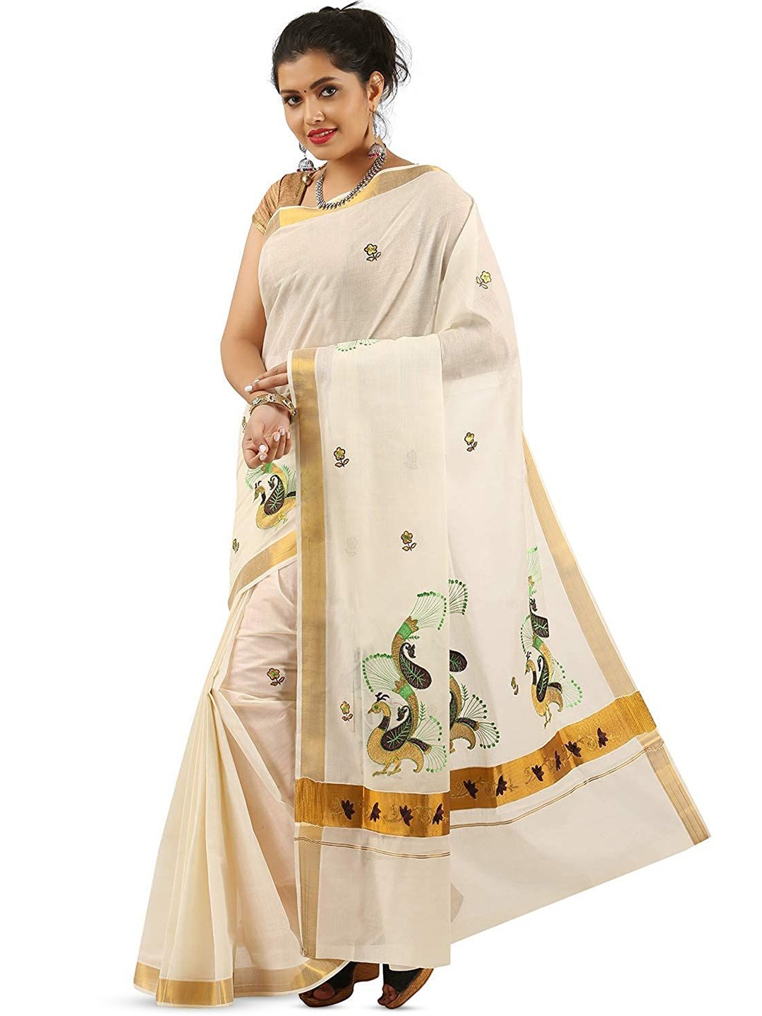 

Rst R Selvamani Tex Floral Zari Pure Cotton Ready to Wear Kasavu Saree, Off white