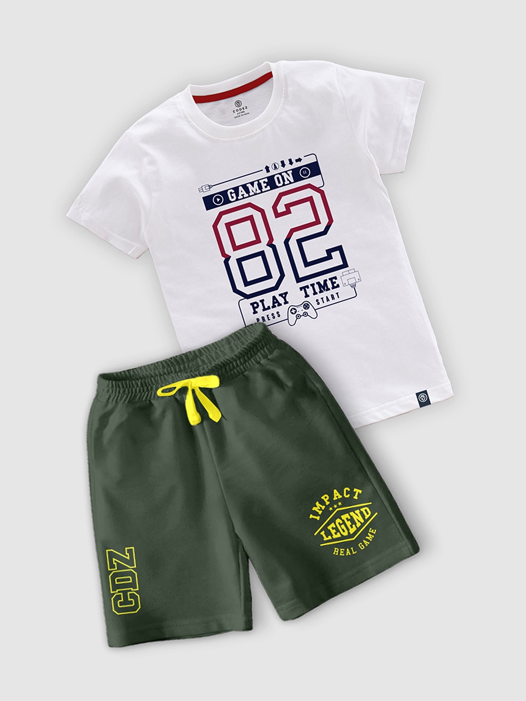 

CODEZ Boys Typography Printed Round Neck T-shirt With Shorts, White