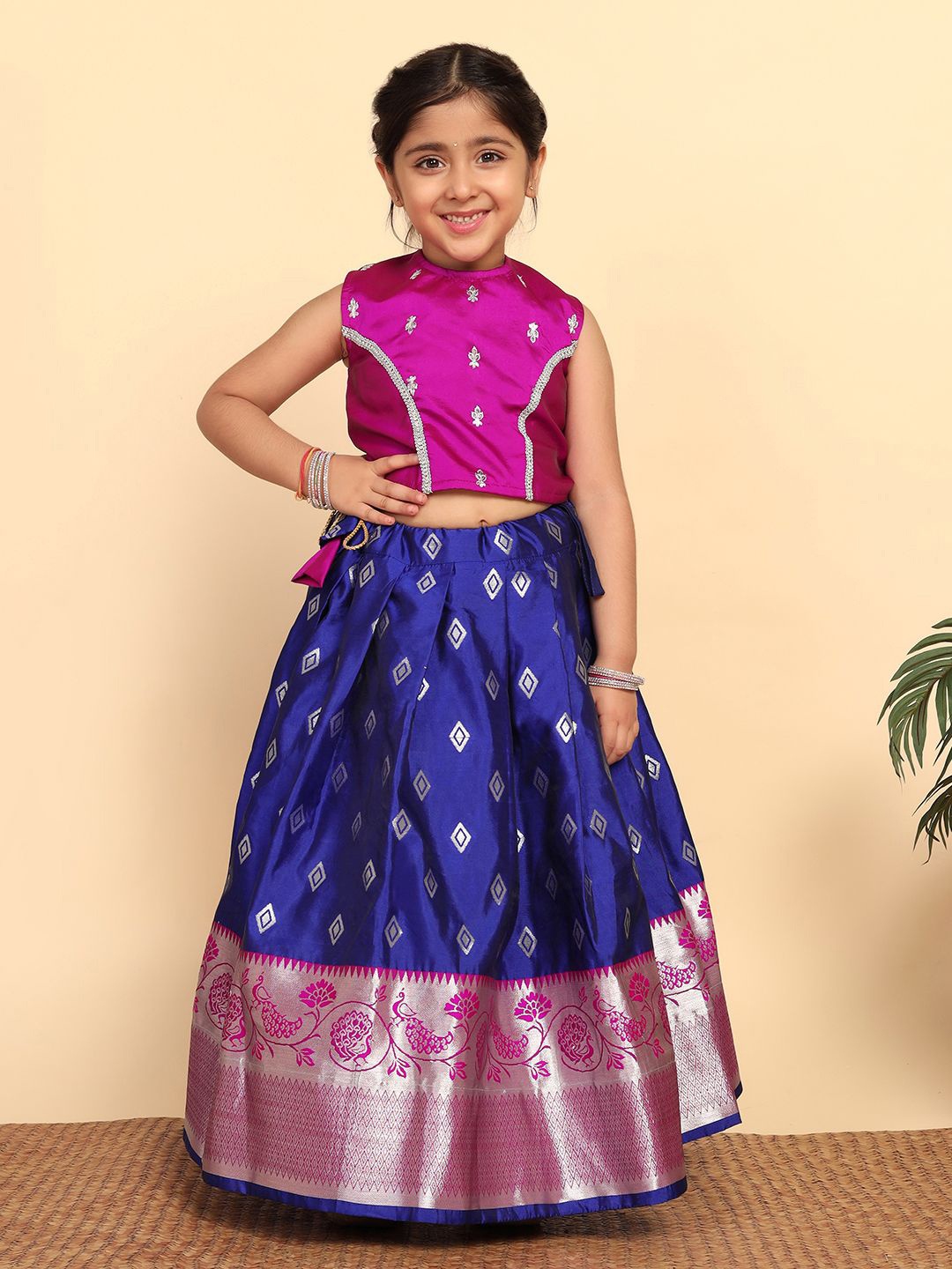 

BAESD Girls Ethnic Motifs Woven Design Ready to Wear Lehenga Choli, Pink