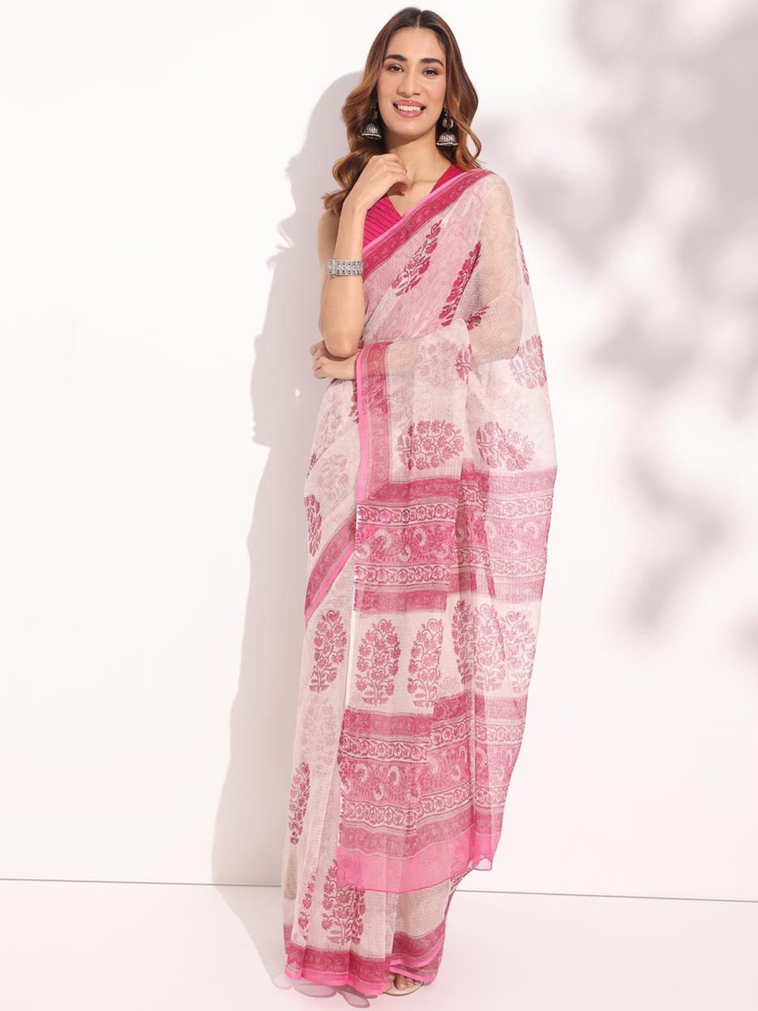 

Fabindia Ethnic Motifs Floral Block Print Saree, Pink