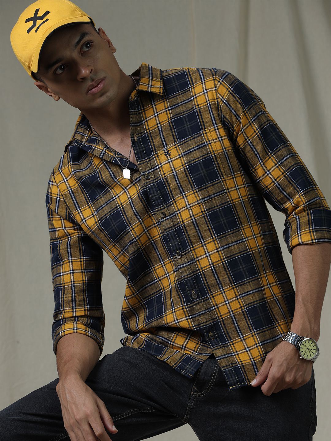 

WROGN Men Custom Spread Collar Tartan Checked Cotton Boxy Casual Shirt, Yellow