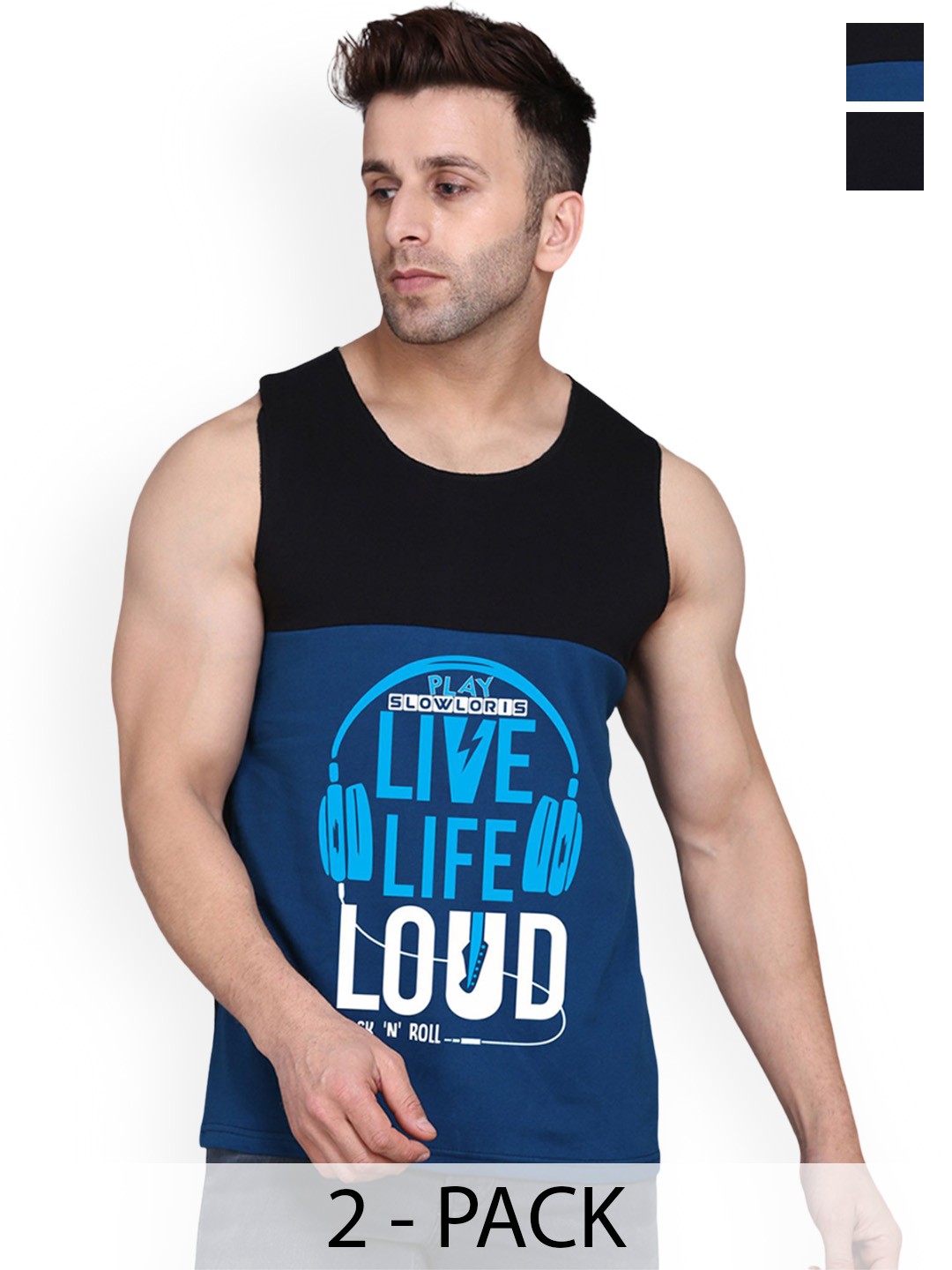 

SLOWLORIS Pack Of 2 Men Printed Gym Vests, Black