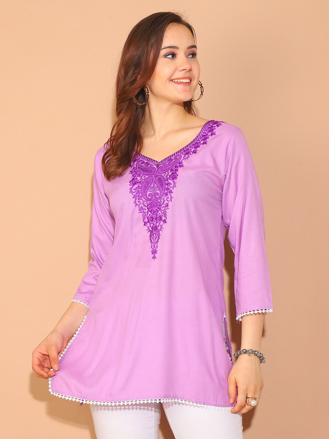 

Rajnandini Sweetheart Neck Embroidered Tunic, Purple