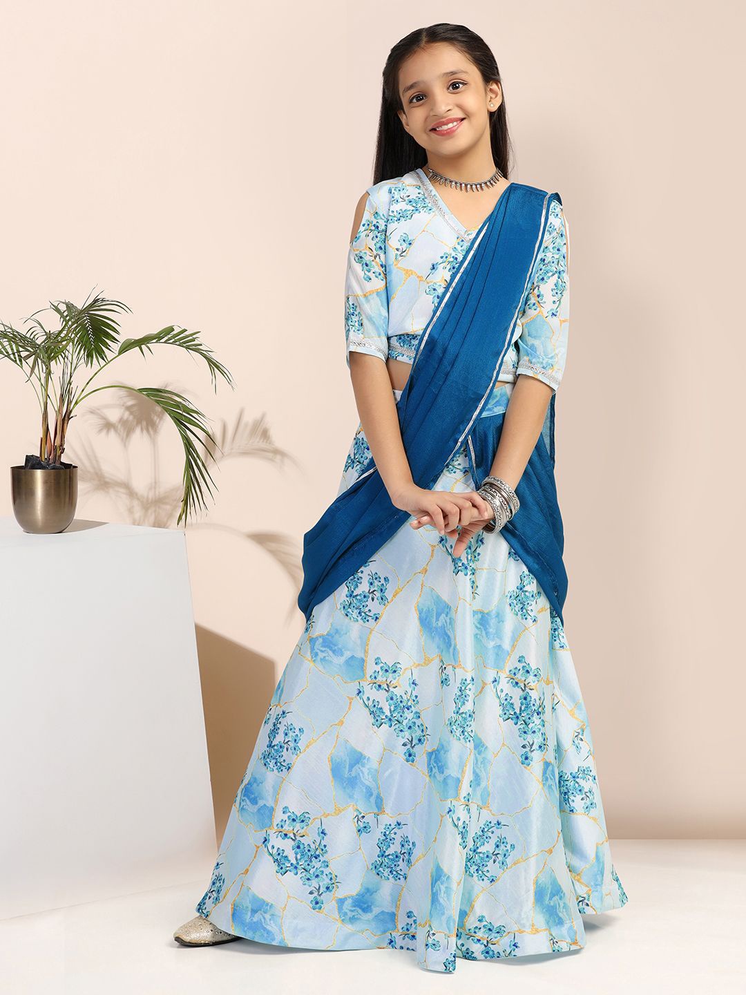 

BAESD Girls Printed Cold Shoulder Sleeves Ready to Wear Lehenga & Blouse With Dupatta, Blue