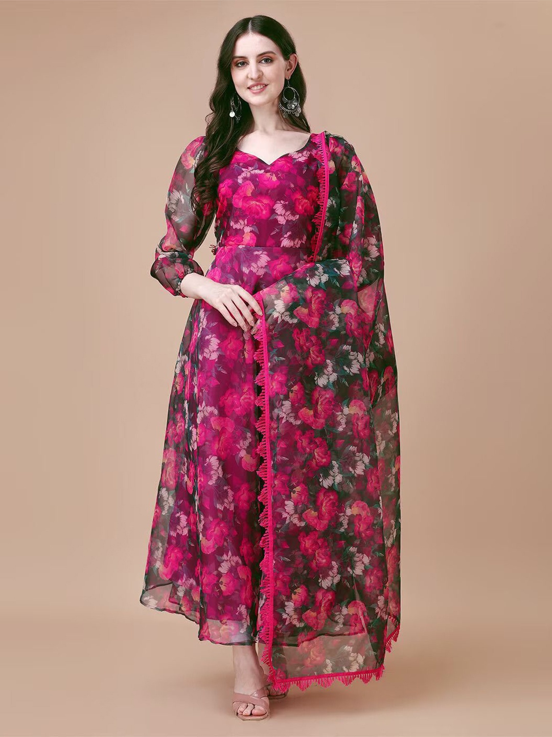 

KALINI Floral Printed Maxi Ethnic Dresses With Dupatta Set, Pink