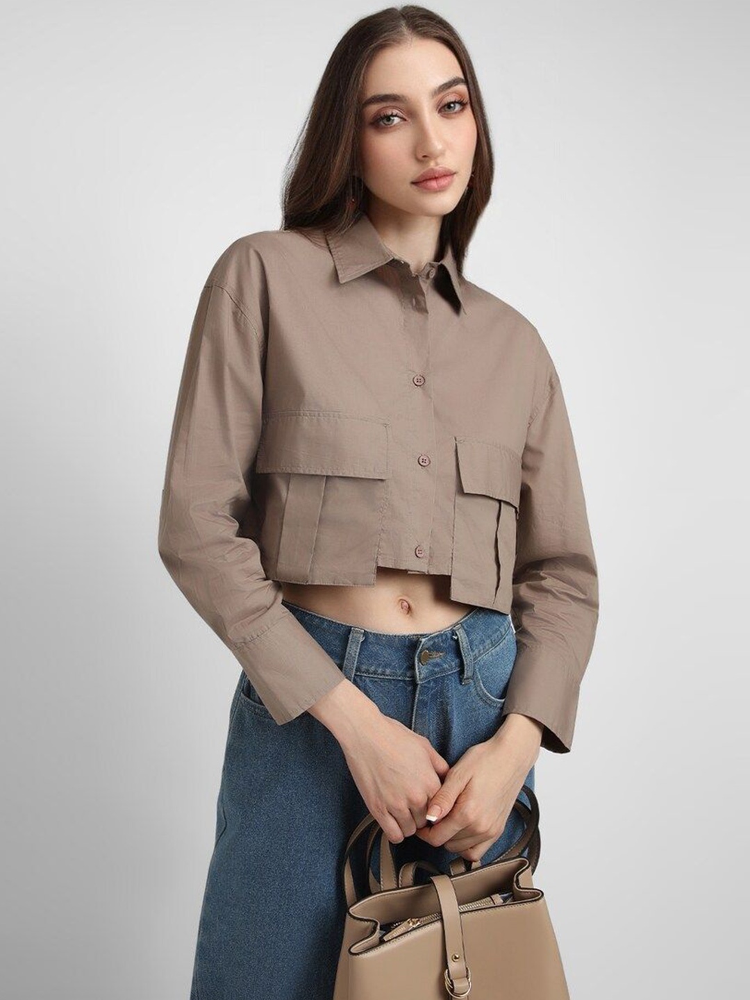 

FOREVER 21 Women Spread Collar Solid Cotton Casual Shirt, Brown