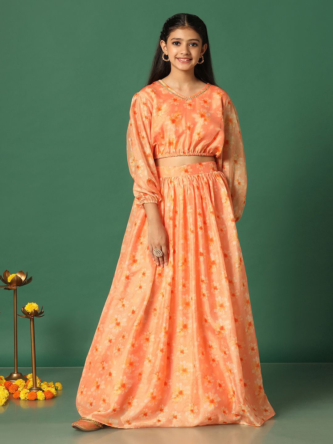 

BAESD Girls Printed V-Neck Puff Sleeves Ready to Wear Lehenga with Blouse, Orange