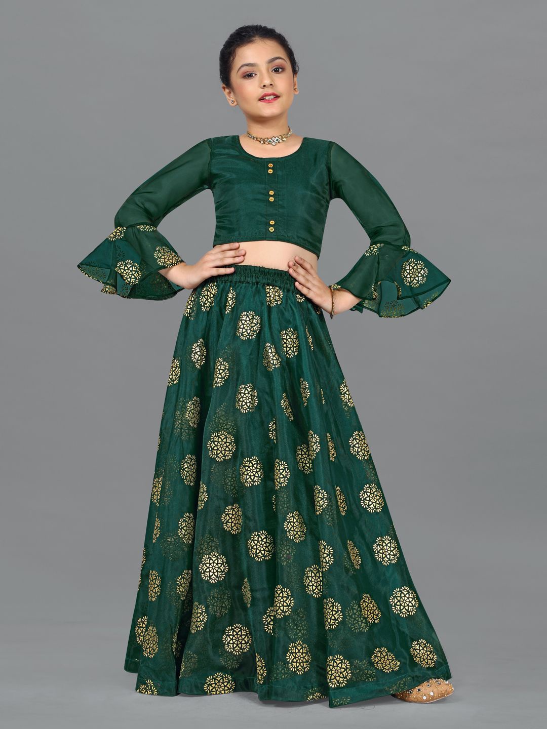 

BAESD Girls Printed Organza Ready to Wear Lehenga & Choli, Green