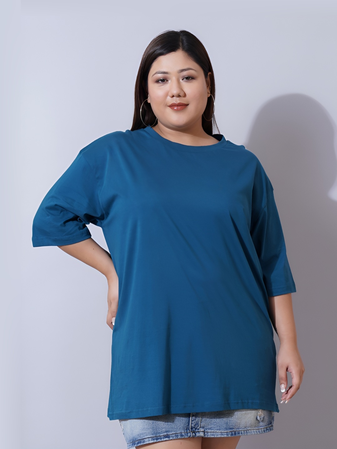 

U&F Beyond Women High Neck Drop-Shoulder Sleeves Pockets T-shirt, Navy blue