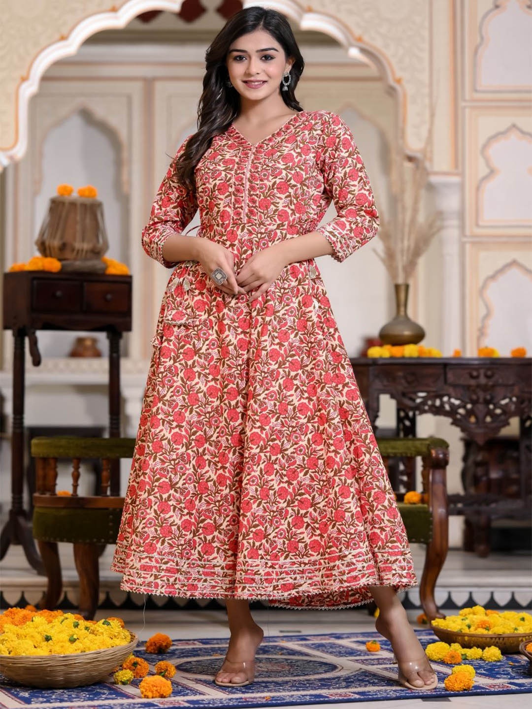 

RANI PRINTS Floral Printed Pure Cotton Anarkali Ethnic Dress, Cream