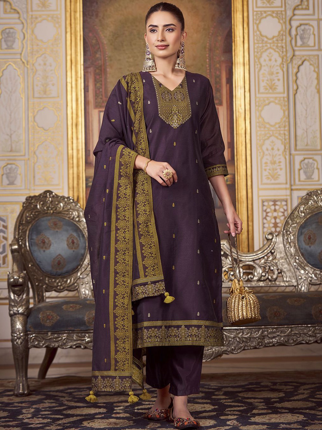 

Shaily Ethnic Motifs Woven Design V-Neck Straight Kurta With Trousers & Dupatta, Purple