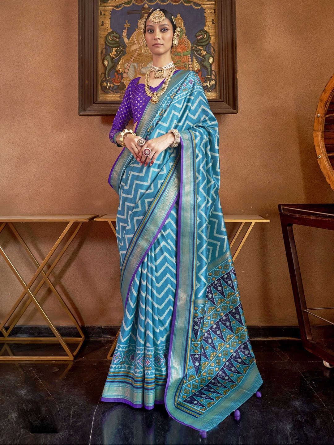 

Mitera Printed Geometric Zari Silk Blend Patola Saree, Blue