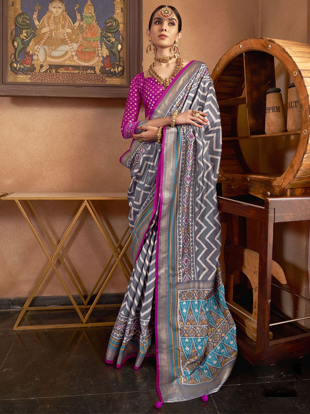

Mitera Zari Geometric Printed Patola Saree, Grey