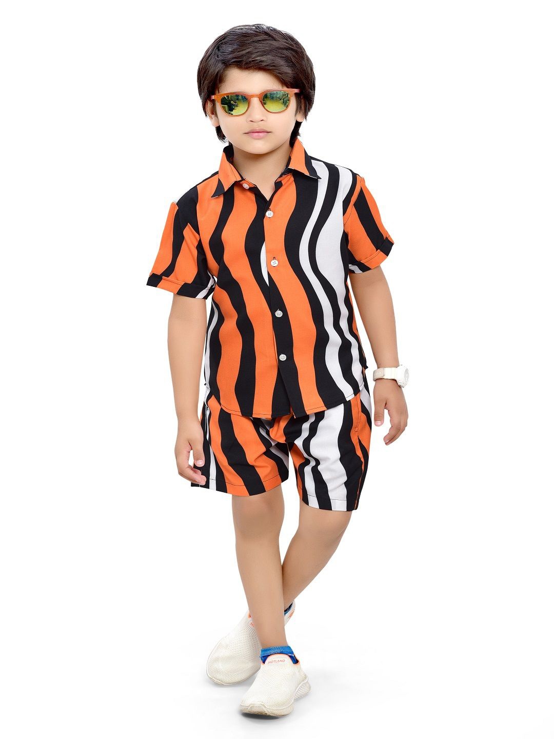 

BAESD Boys Striped Pure Cotton Shirt with Shorts, Orange