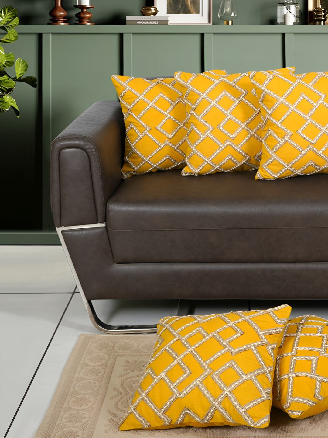 

Ode & Cleo Mustard & Grey 5 Pieces Embroidered Square Cushion Covers