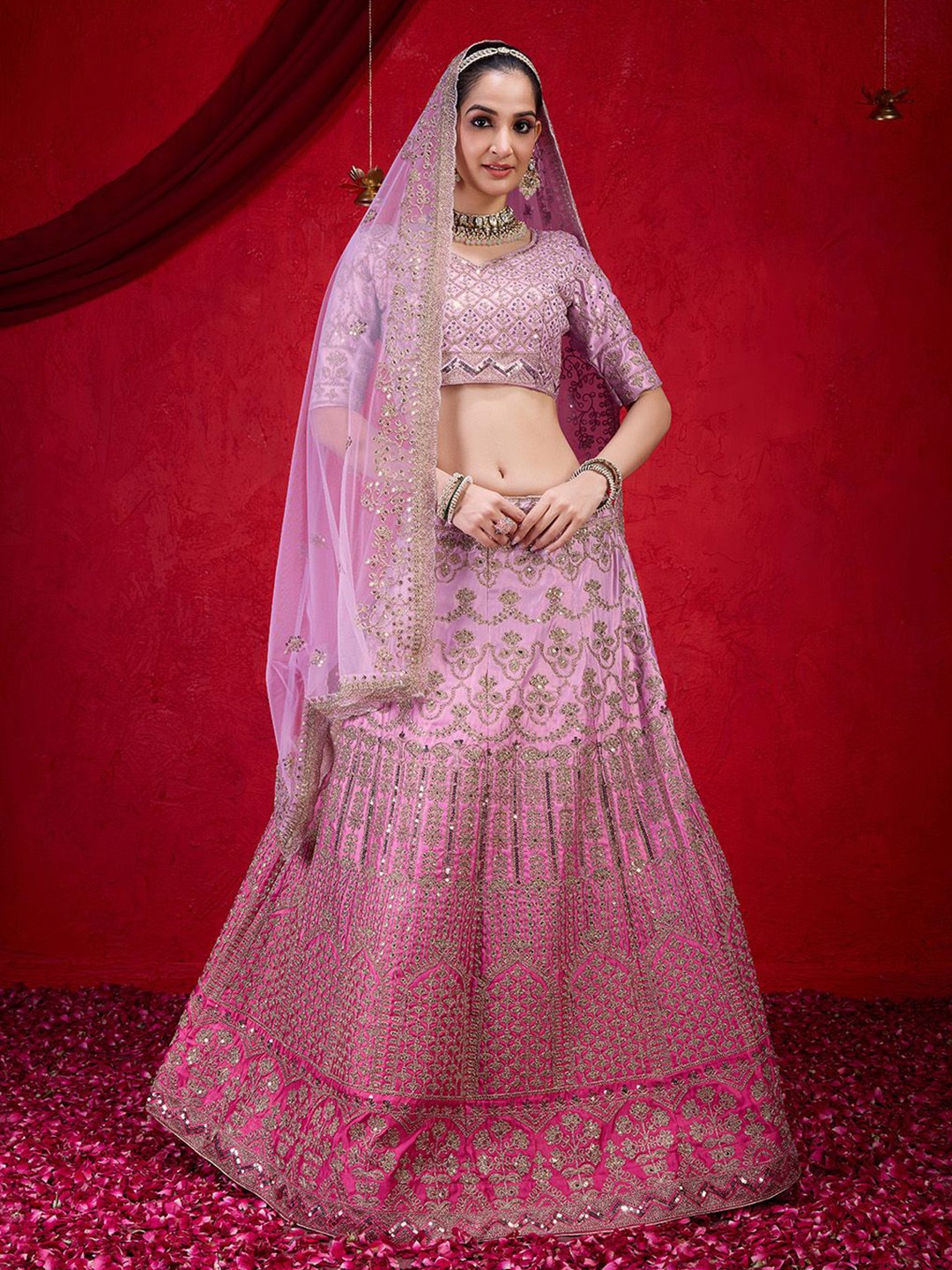 

Trendmalls Embroidered Satin Semi-Stitched Lehenga & Unstitched Blouse With Dupatta, Pink