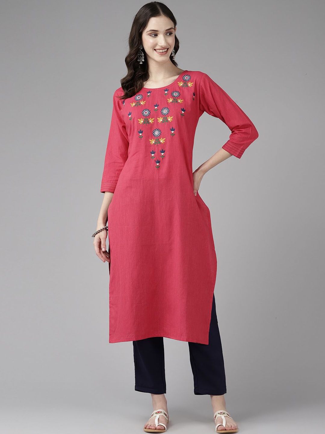 

BAESD Women Floral Printed Thread Work Anarkali Kurta, Pink