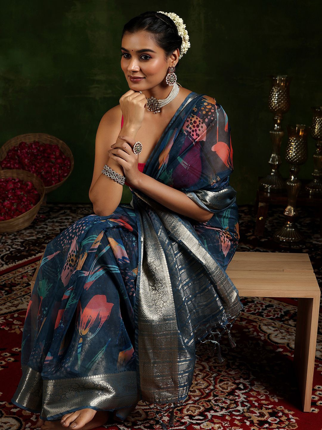 

Libas Floral Printed Zari Organza Saree, Blue