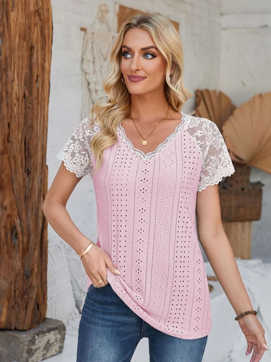 

StyleCast Women Self Design Round Neck Top, Pink
