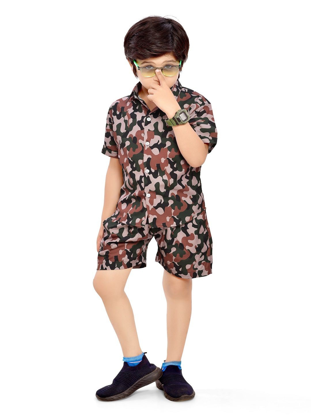 

BAESD Boys camouflage Printed Pure Cotton Shirt with Shorts, Green