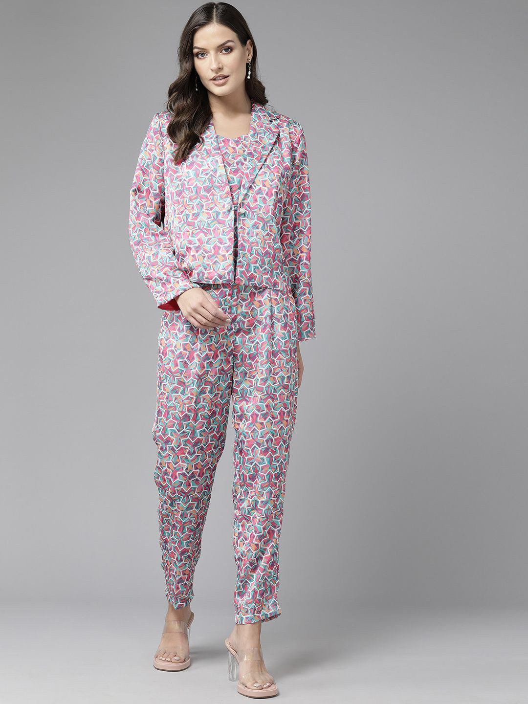 

BAESD Printed Crop Top With Trousers & Coat Co-Ords, Green