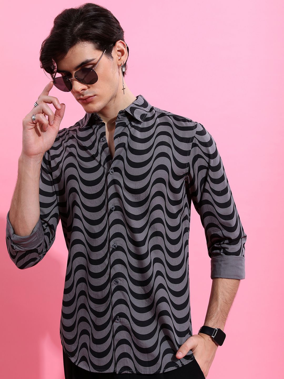 

HIGHLANDER Men Spread Collar Abstract Printed Cotton Slim Fit Casual Shirt, Grey