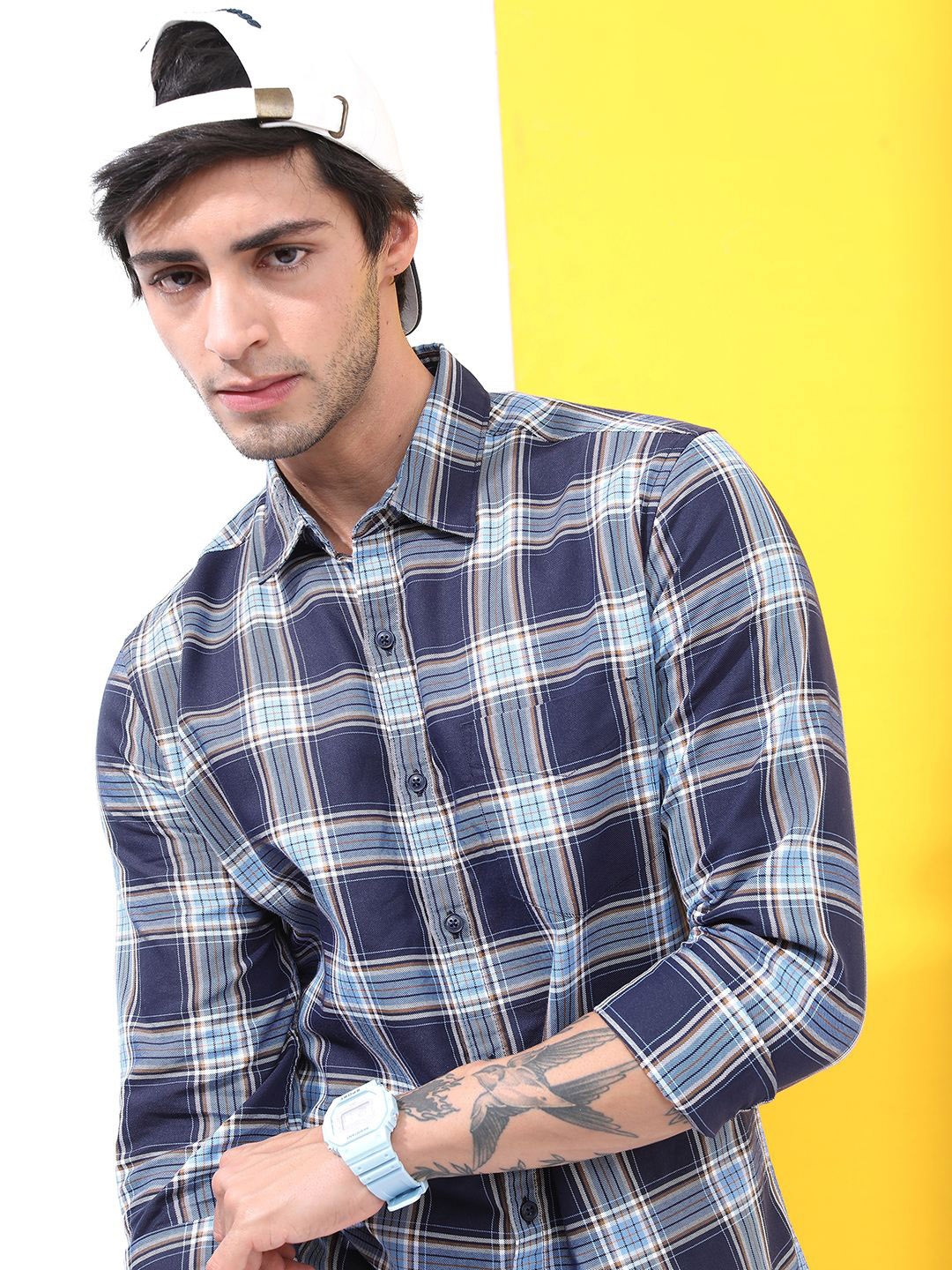 

HIGHLANDER Men Spread Collar Tartan Checked Cotton Slim Fit Casual Shirt, Blue