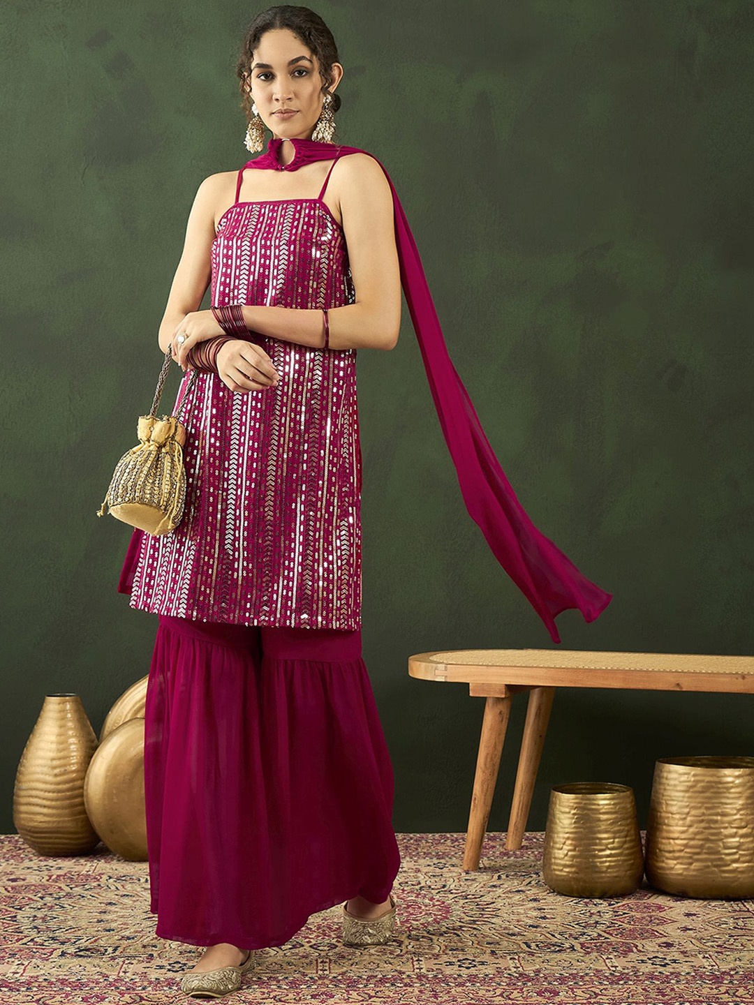 

Sangria Sequenced With Embroidered Kurta & Sharara With Dupatta, Magenta