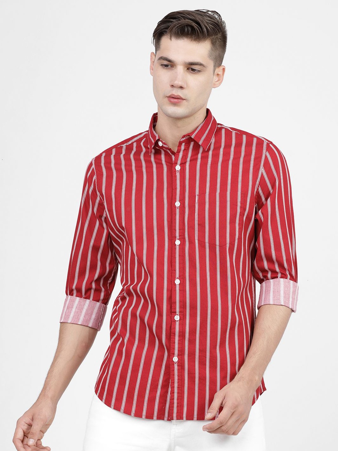 

HIGHLANDER Men Spread Collar Striped Cotton Slim Fit Casual Shirt, Maroon