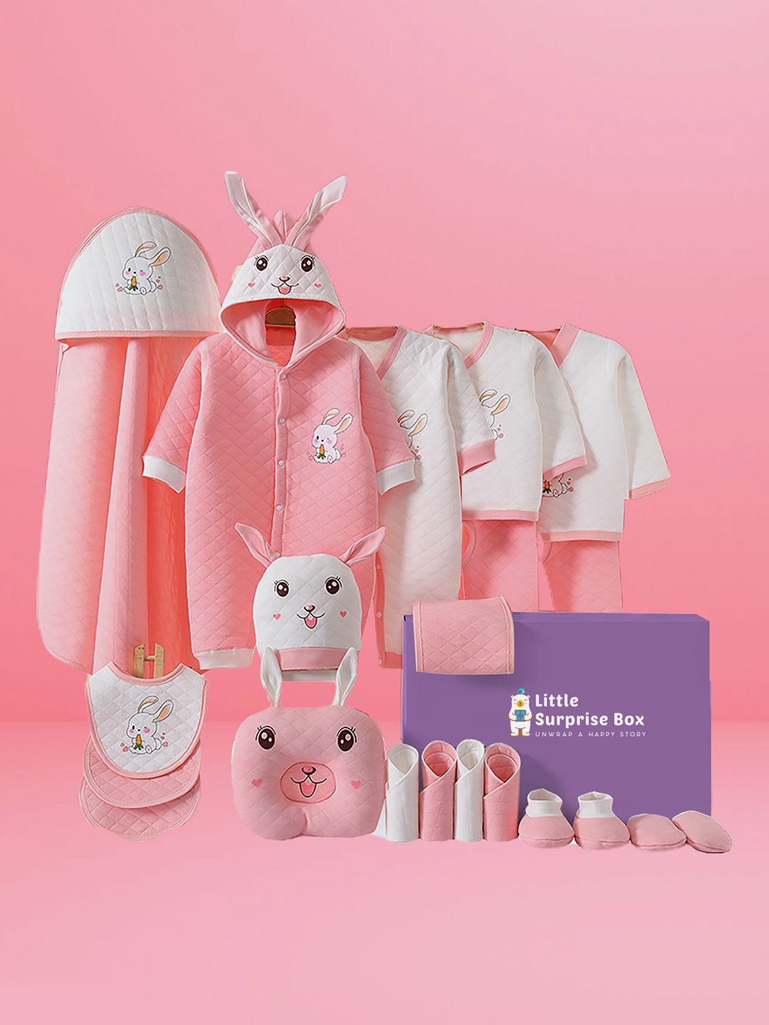 

Little Surprise Box LLP Infants 23 Pcs Ted Face Newborn Baby Wear Gift Hamper Box, Pink