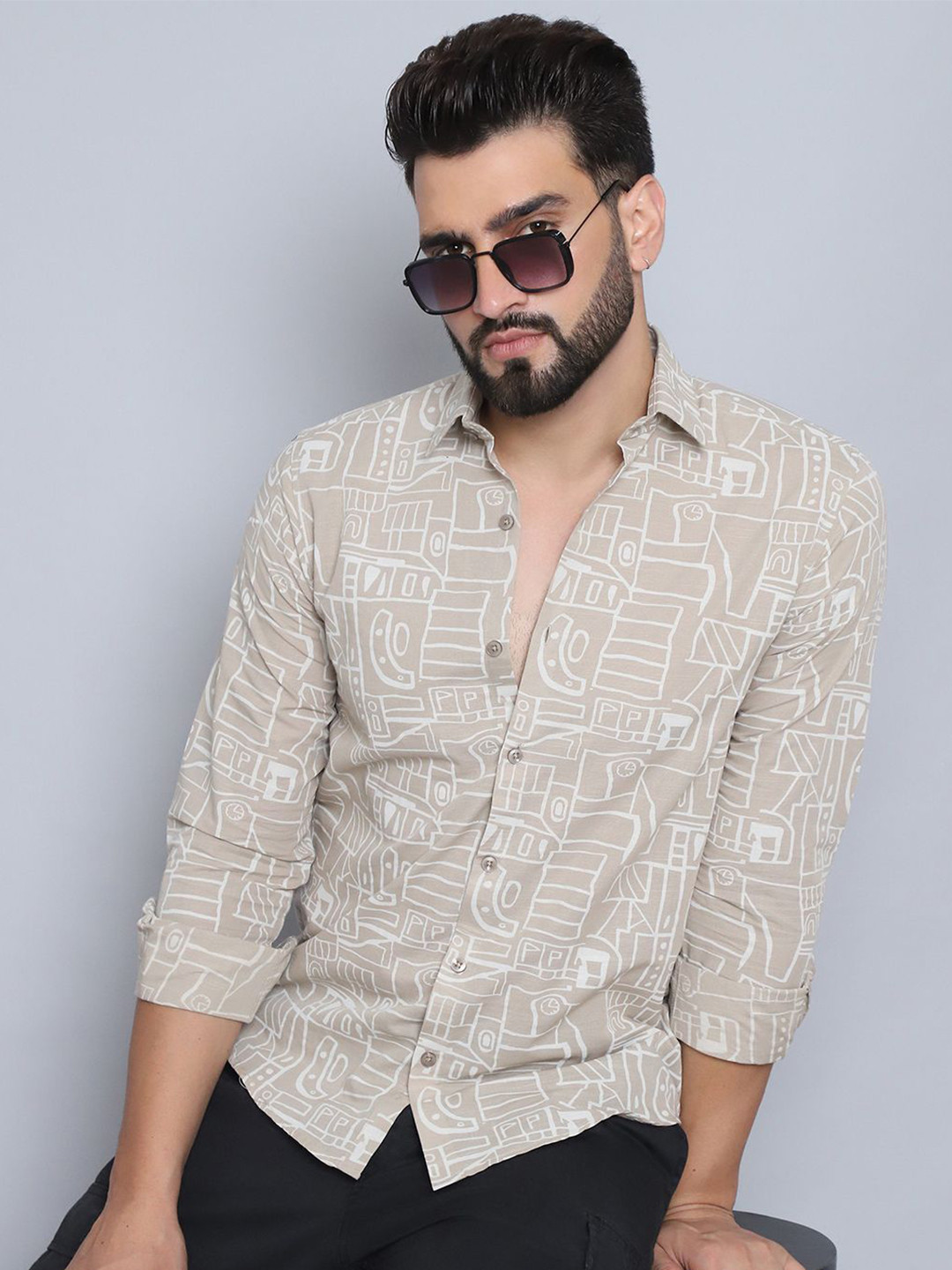 

Indian Needle Men Classic Spread Collar Abstract Printed Cotton Casual Shirt, Beige