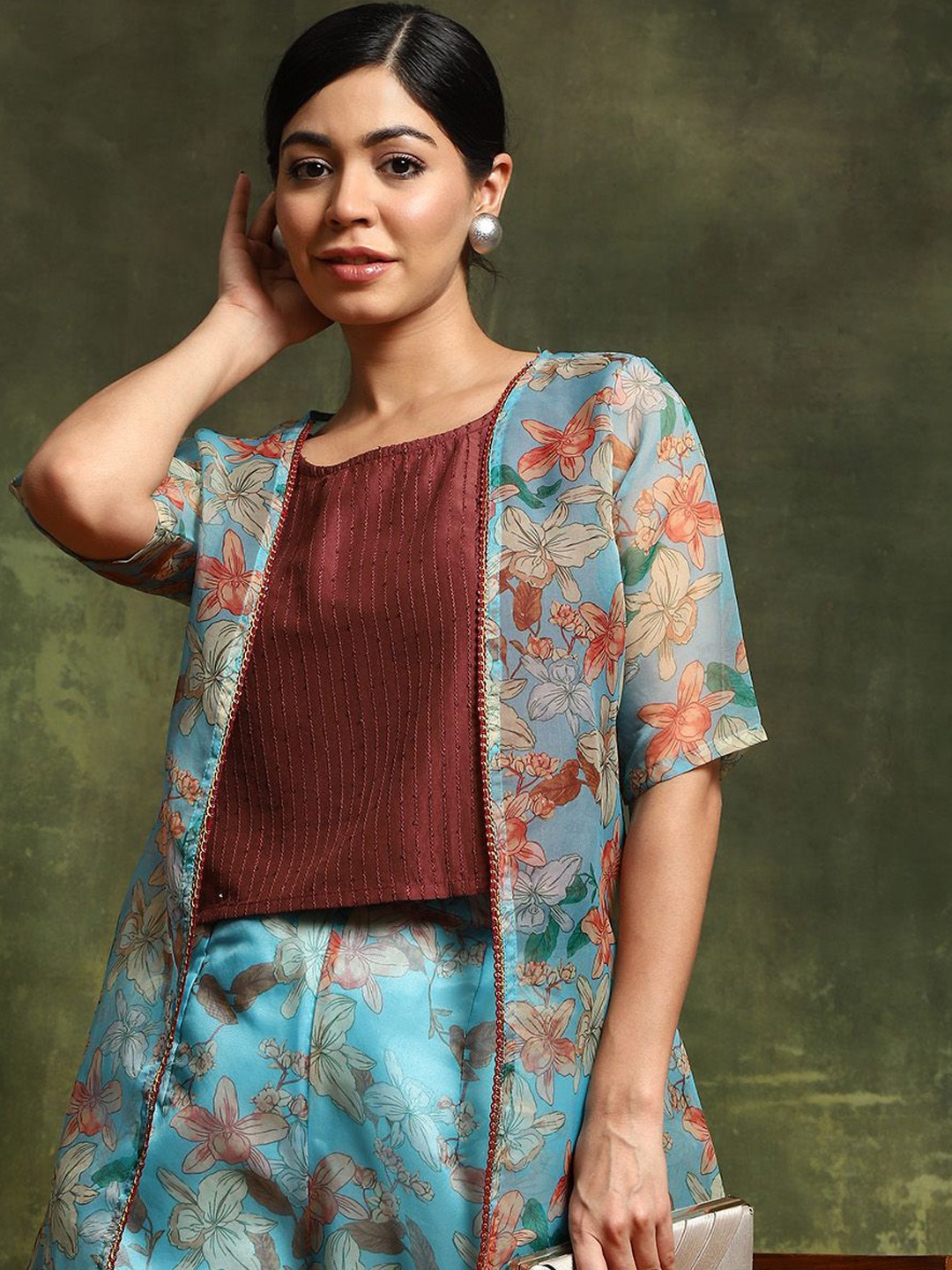 

Sangria Embellished Top With Printed Palazzos & Shrug Co-Ords, Blue