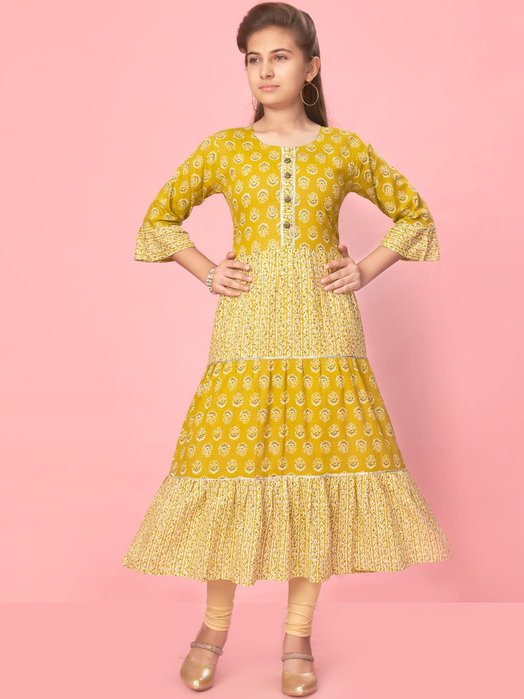 

BAESD Girls Striped Flared Sleeves Anarkali Kurta, Yellow