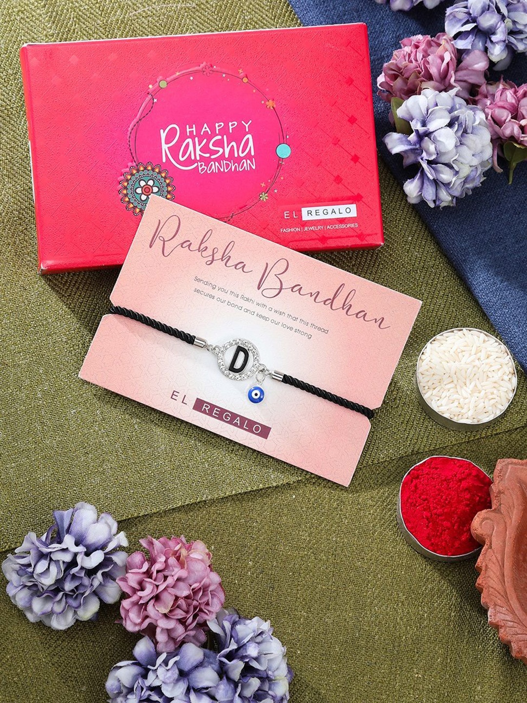 

EL REGALO D Letter Rakhi Gift Set, Silver