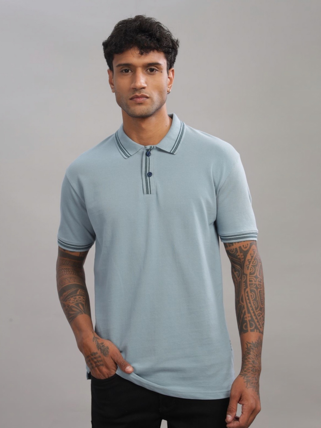 

ADRO Men Polo Collar Cut Outs T-shirt, Blue