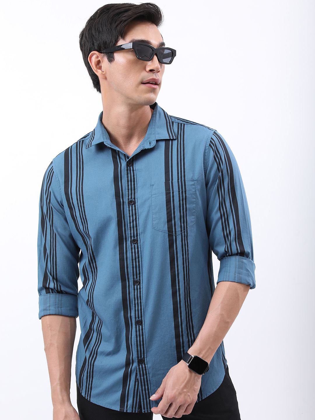 

HIGHLANDER Men Spread Collar Striped Cotton Slim Fit Casual Shirt, Blue