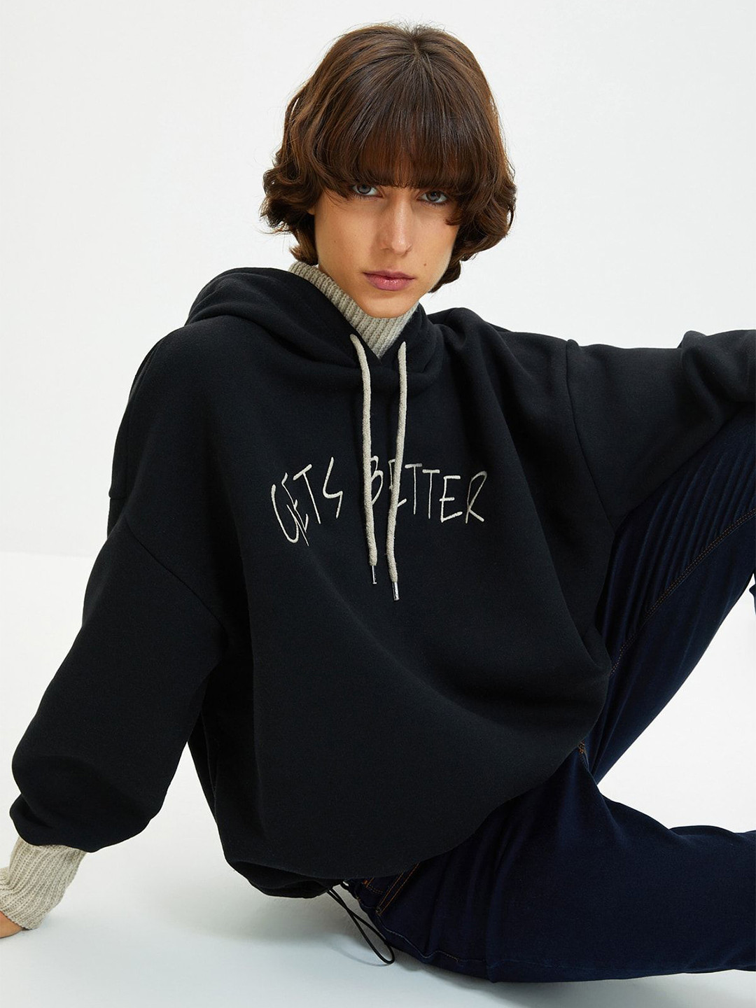 

Trendyol Women Typography Embroidered Hooded Sweatshirt, Black