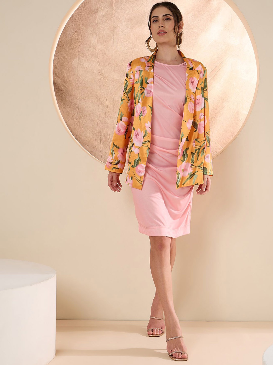 

Antheaa Pink Round Neck A-Line Dress With Blazer