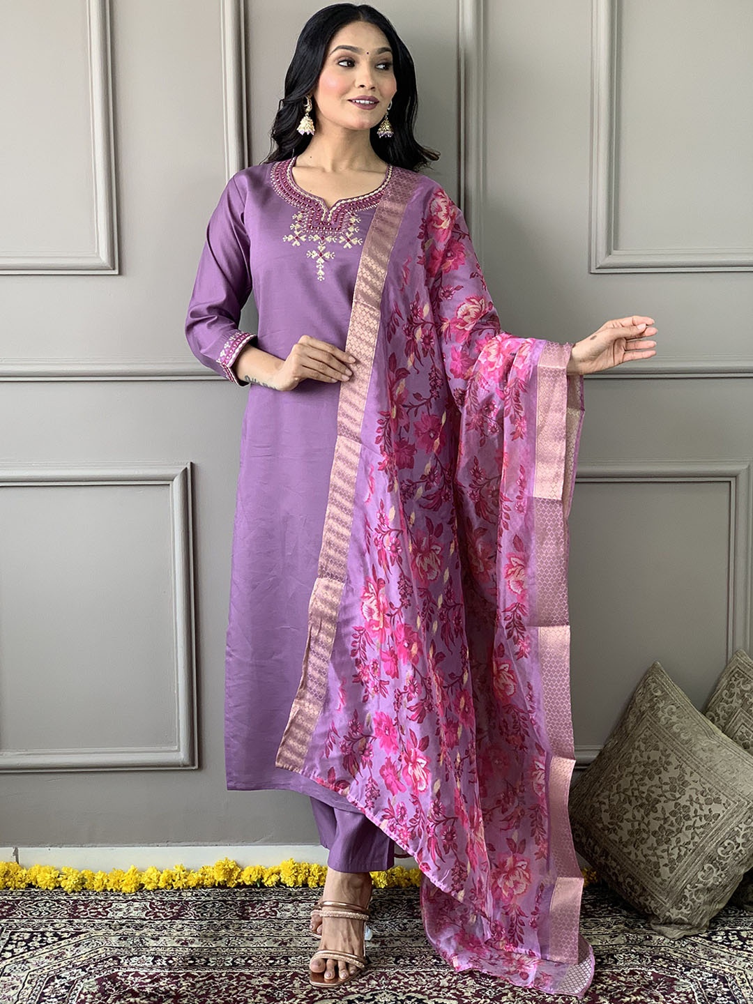 

JAPNAAM Women Embroidered Regular Thread Work Chanderi Silk Kurta with Trousers & With Dupatta, Purple