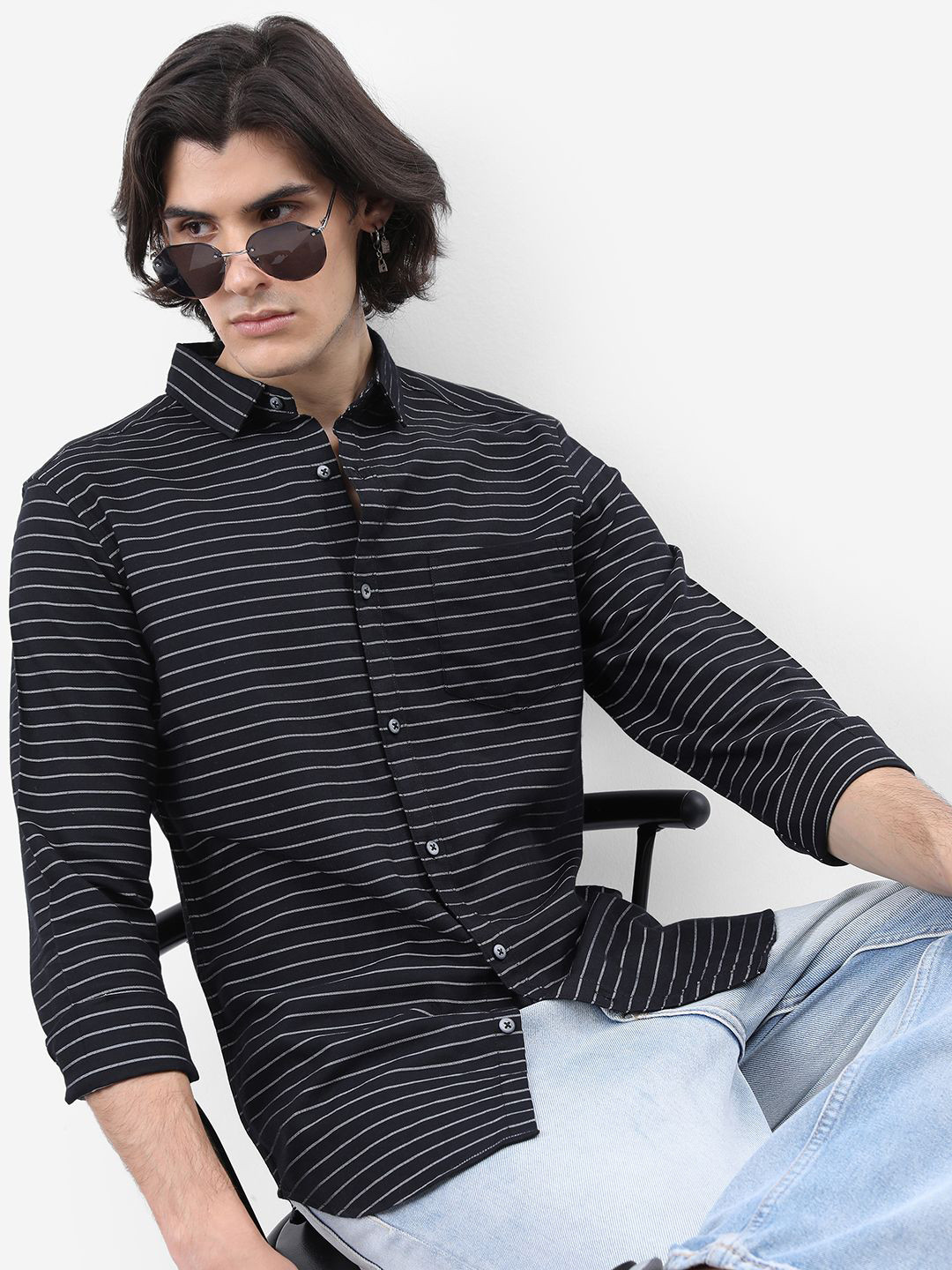 

HIGHLANDER Men Spread Collar Striped Cotton Slim Fit Casual Shirt, Black