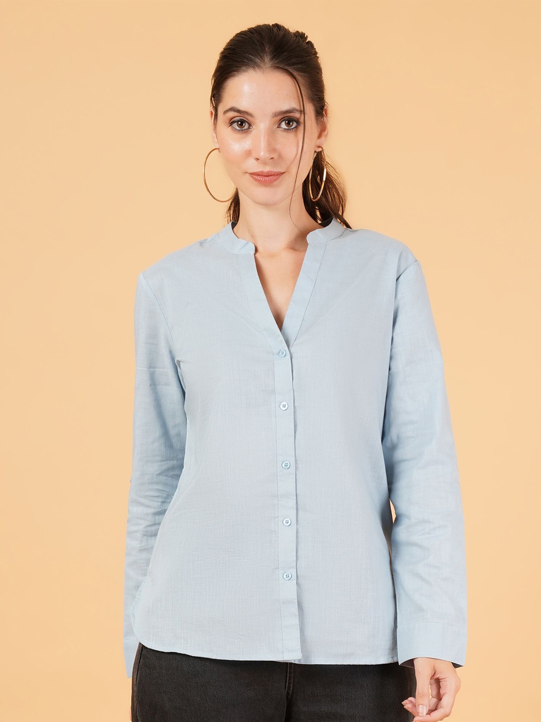 

IX IMPRESSION Women Relaxed Mandarin Collar Solid Cotton Casual Shirt, Blue