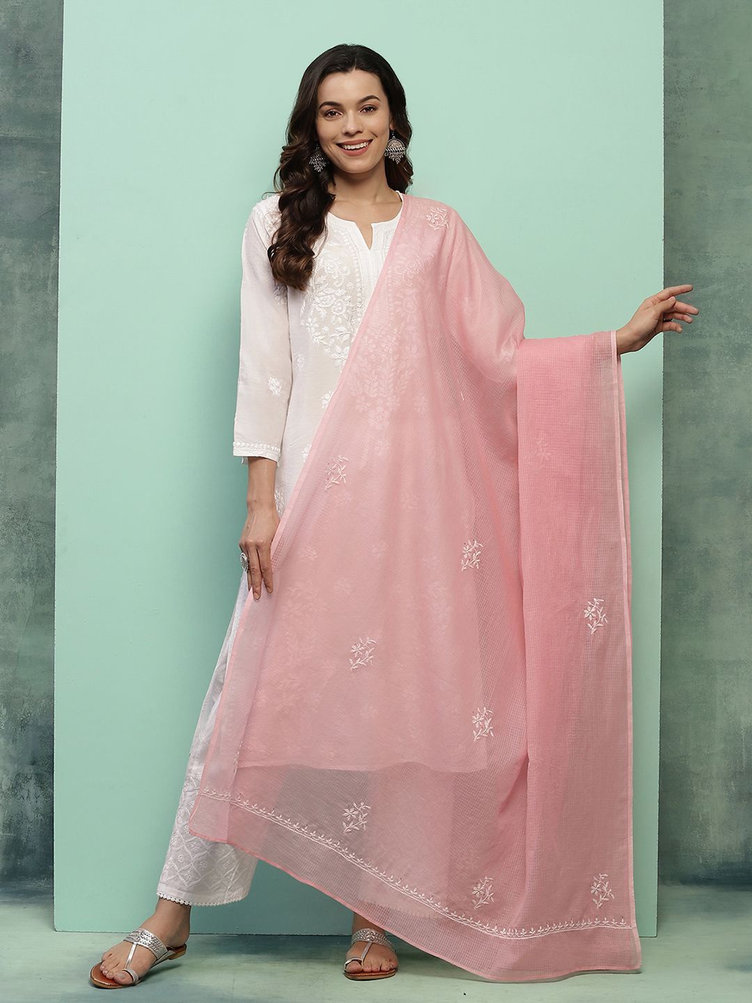 

House of Chikankari Chikankari Woven Dupatta, Pink