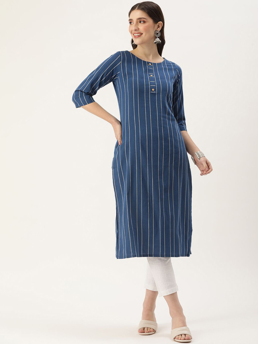 

KALINI Striped Printed Straight Kurta, Blue