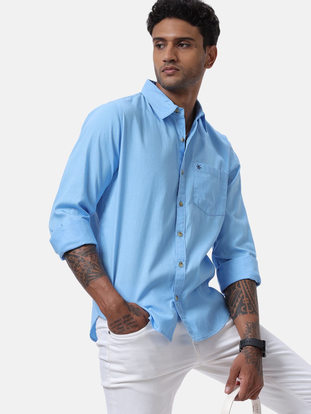 

WROGN Men Custom Spread Collar Solid Cotton Casual Shirt, Blue