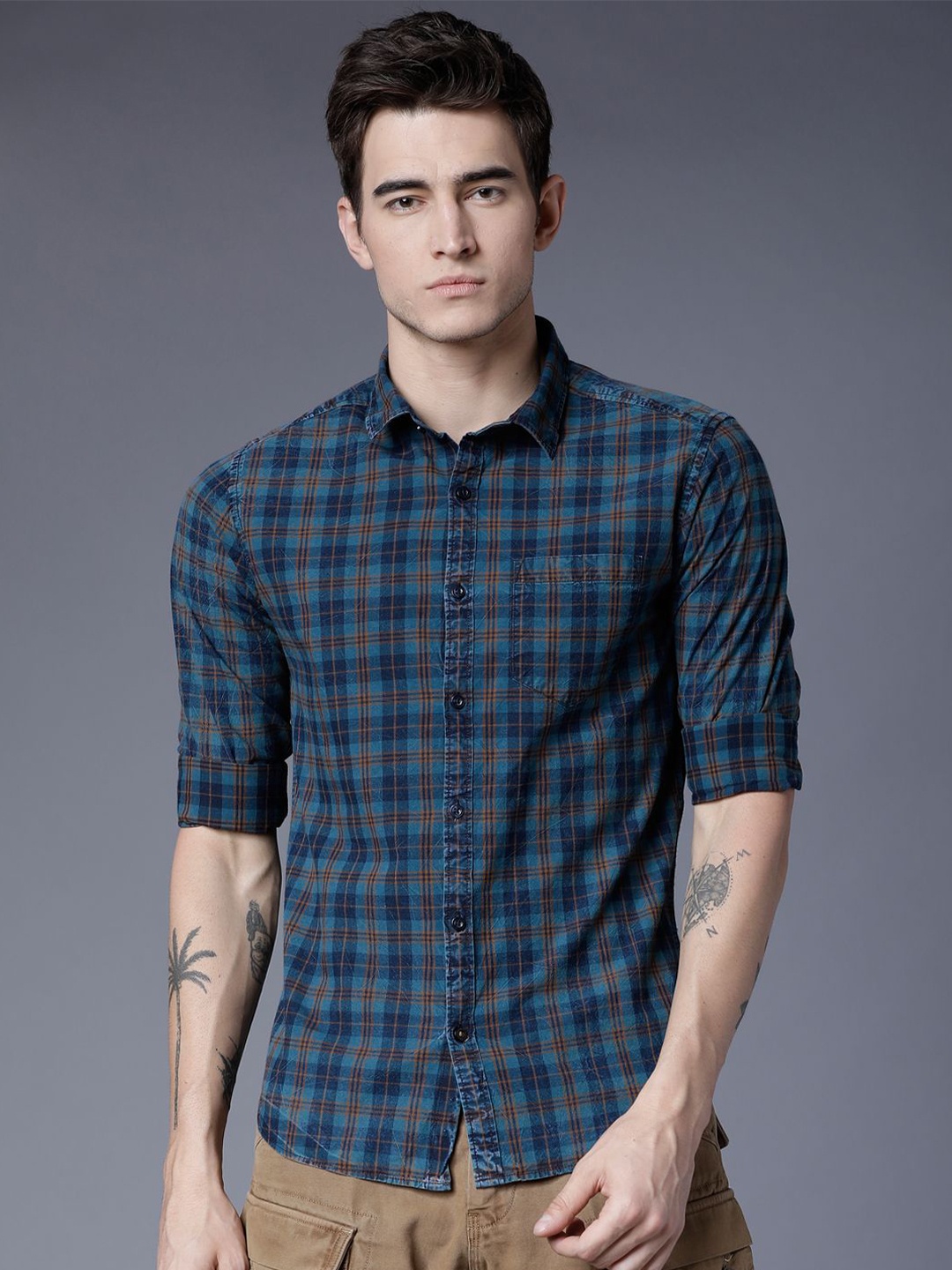

HIGHLANDER Men Spread Collar Tartan Checked Cotton Slim Fit Casual Shirt, Teal