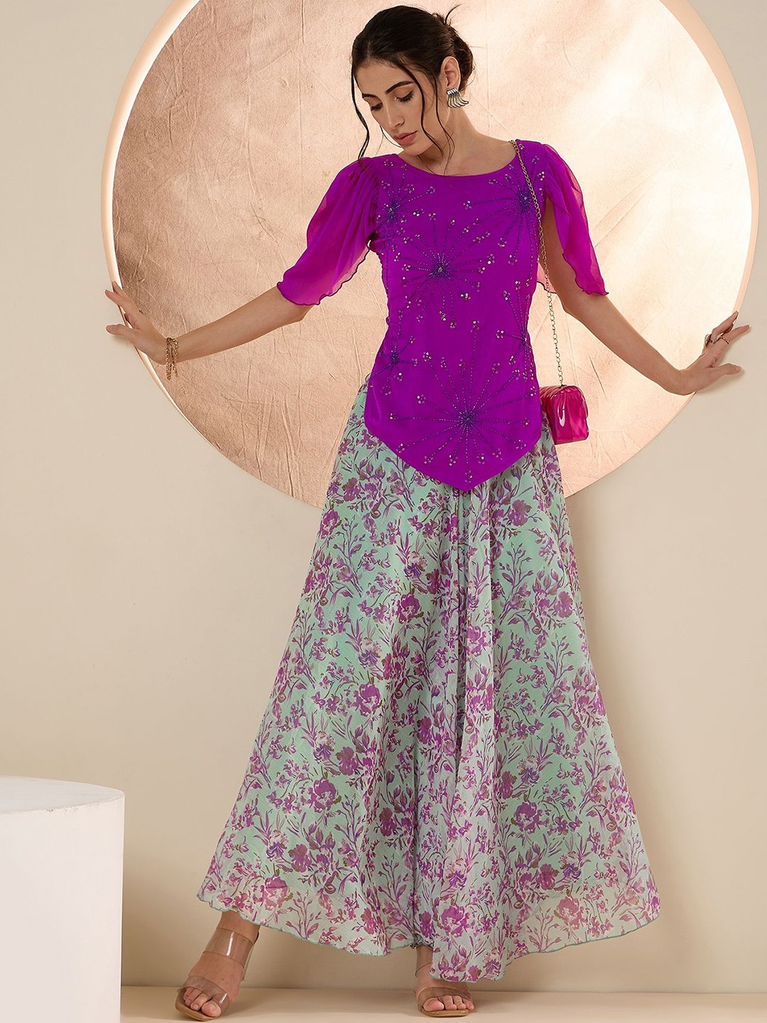 

Antheaa Embellished Round Neck Top & Palazzo, Purple