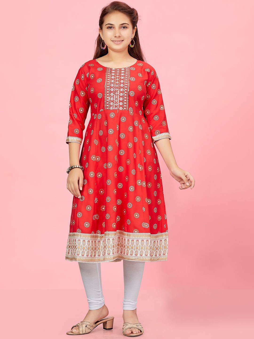 

BAESD Girls Ethnic Motifs Printed Sequinned Anarkali Kurta, Red