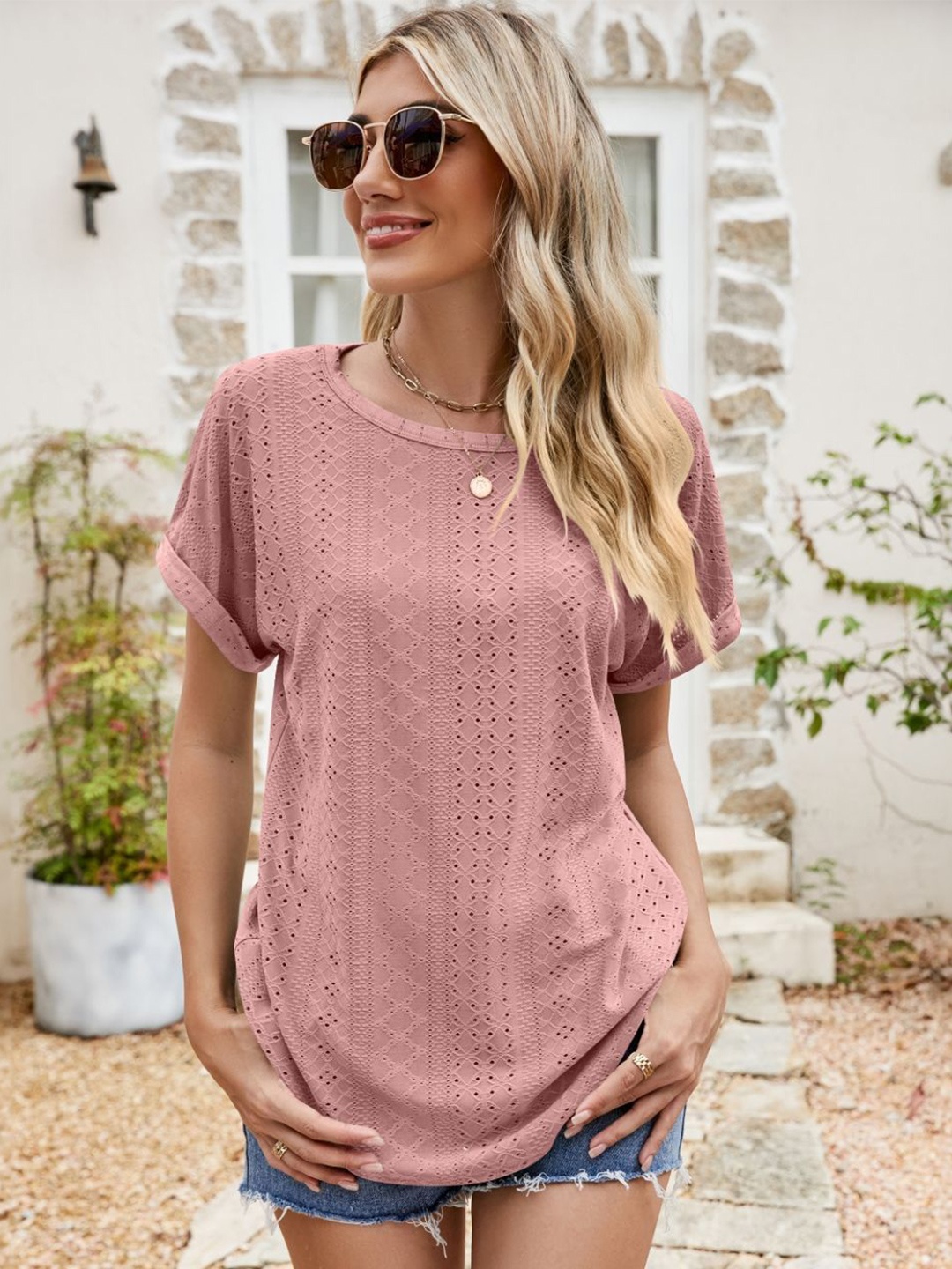 

StyleCast Women Self Design Round Neck Top, Pink