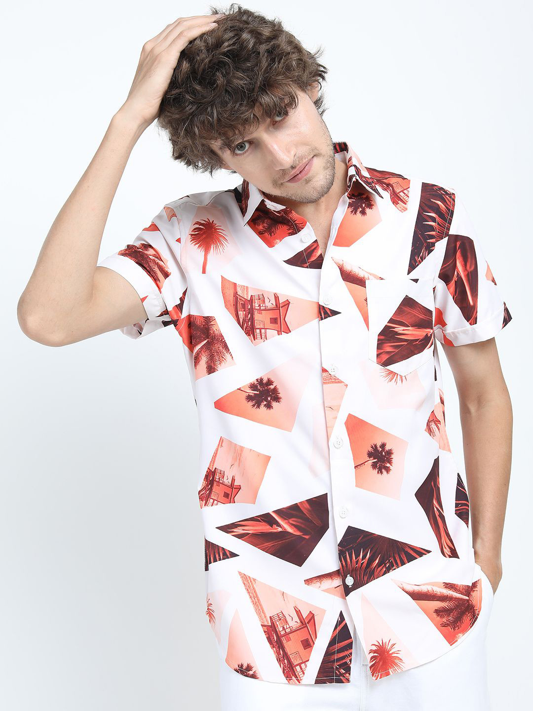 

HIGHLANDER Men Spread Collar Floral Printed Tropical Slim Fit Casual Shirt, Off white